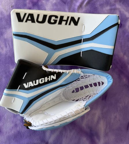 White Intermediate Vaughn Velocity V10 Goalie Gloves & Blockers Regular (New)