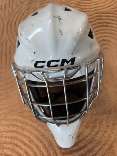 White Senior CCM Axis F9 Goalie Mask (Used)