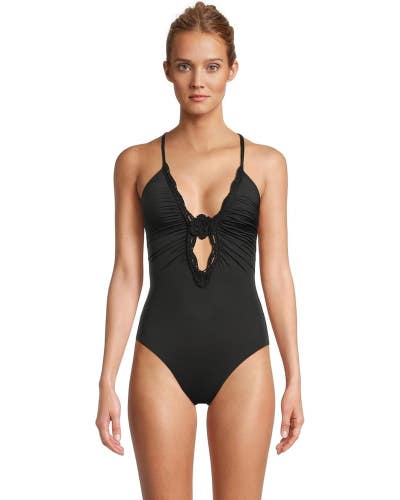 Becca by Rebecca Colette Swimsuits Women L Black Crochet Flower One-Piece RED215