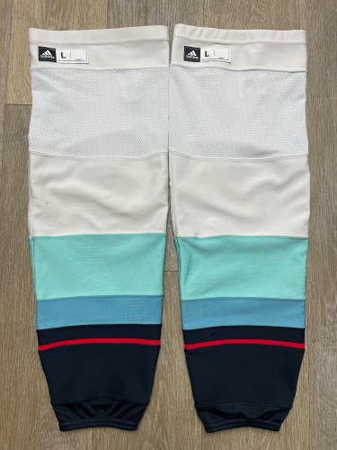 Pro Stock Adidas Hockey Socks Seattle Kraken Large Made in Canada w/ Cut Resistant Achilles Layer