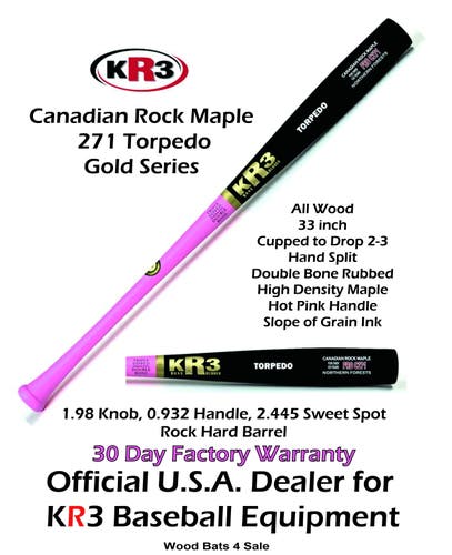 KR3 PRO 271 Torpedo Gold Series Bat High Density Maple 33 inch Wood Bat (-3) 30.5 oz