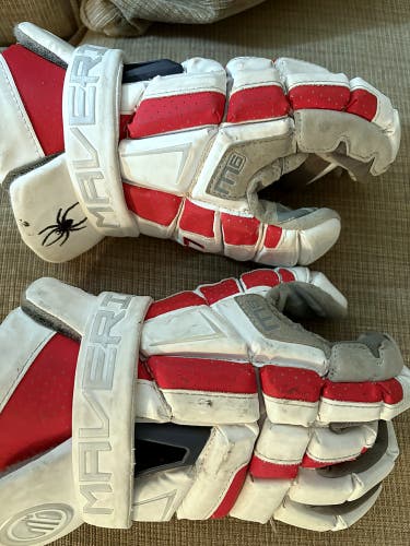 Maverik M6 Lacrosse Gloves - White/Red - 13" University of Richmond Team, Game Worn
