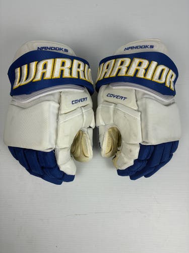 Used 14" Warrior Covert Pro Stock Hockey Gloves - White/Blue