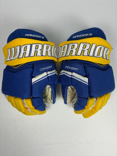 Used 14" Warrior Covert Pro Stock Hockey Gloves - Blue/Yellow