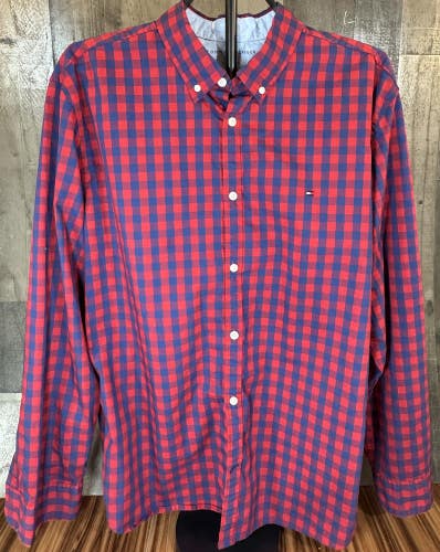 Tommy Hilfiger Men's XL Red Blue Plaid Long Sleeve Casual Button-Up Shirt