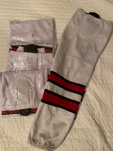 4 pairs of 30" White Hockey Socks with Red/Black Stripes (3 new, 1 used)