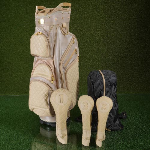 iBella Ladies Cart Golf Bag Tan / Gold 14-Way Divider W/ Hood & Headcovers