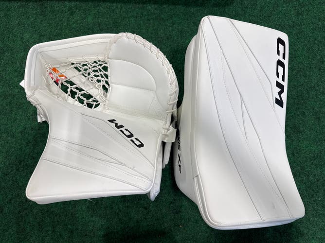 White Senior CCM Axis XF Goalie Glove & Blocker Set Regular (New)