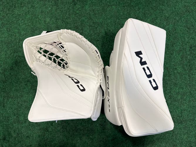White Junior CCM EFlex 6.5 Goalie Glove & Blocker Set Regular (New)