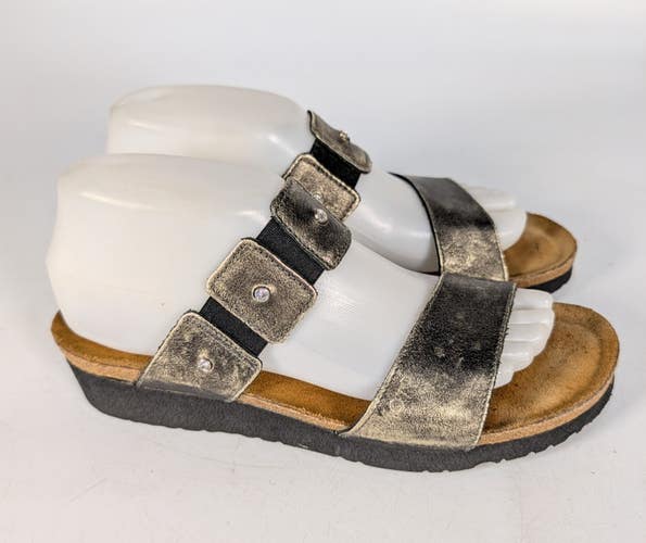 Naot Ashley Gold Leather Wedge Rhinestone 2 Strap Sandal Size: 40 / 9