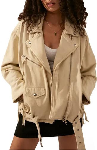 Free People We The Free Rebel Rebel Moto Jacket Women's S Beige Full Zip GBO221