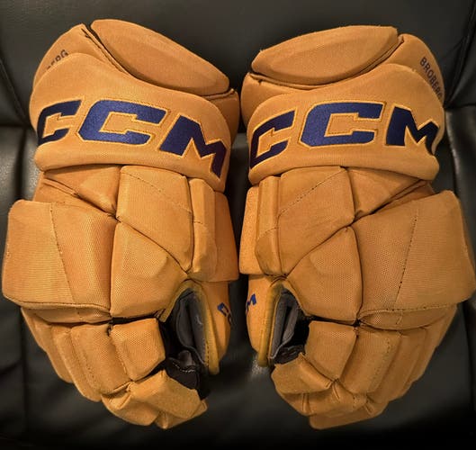 CCM HGPJSPP Edmonton Oilers Heritage Classic Tan Broberg Pro Stock Hockey Gloves Size 14