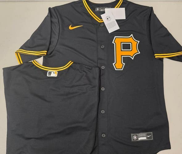 Mens PITTSBURGH PIRATES "P" Sewn 100% REAL Baseball Jersey NWT BLACK $115