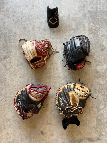 Catchers mitts, infield glove, and pitching glove