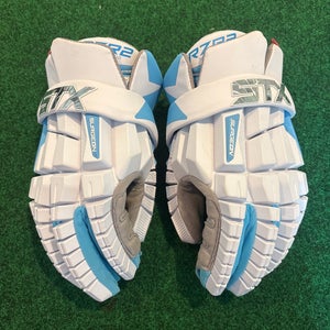 White & Carolina Blue STX Surgeon RZR2 Lacrosse Gloves (Used) Large