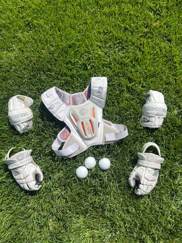 Intermediate Lacrosse Bundle: Warrior Burn Large Chest, Maverik Large Elbows, 12"Gloves, 3 Balls New
