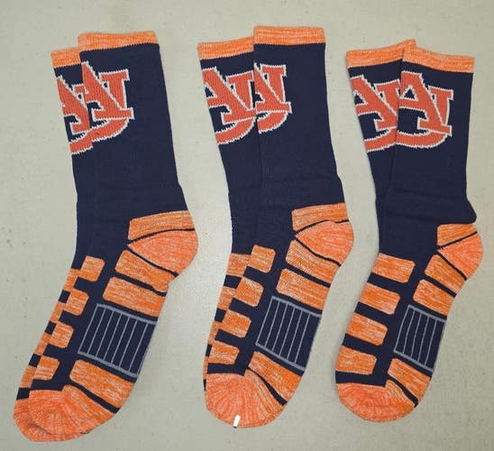 60619-12 Mens NCAA AUBURN TIGERS Crew Socks Lot of 3 Pair LARGE New