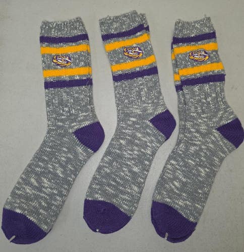 60619-13 Mens NCAA LSU TIGERS Crew Socks Lot of 3 Pair LARGE New