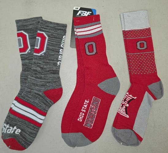60619-18 Mens NCAA OHIO STATE BUCKEYES Crew Socks Lot of 3 Pair LARGE New