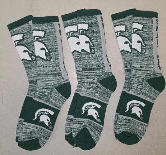 60619-22 Mens NCAA MICHIGAN STATE SPARTANS Crew Socks Lot of 3 Pair LARGE New