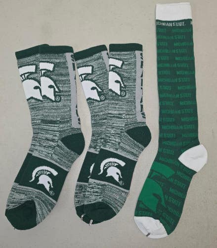 60619-23 Mens NCAA MICHIGAN STATE SPARTANS Crew Socks Lot of 3 Pair LARGE New