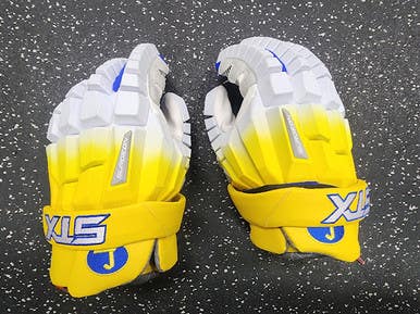 Used Stx Surgeon Rzr Lacrosse Gloves Mens White And Yellow 14" 11849-s000040888