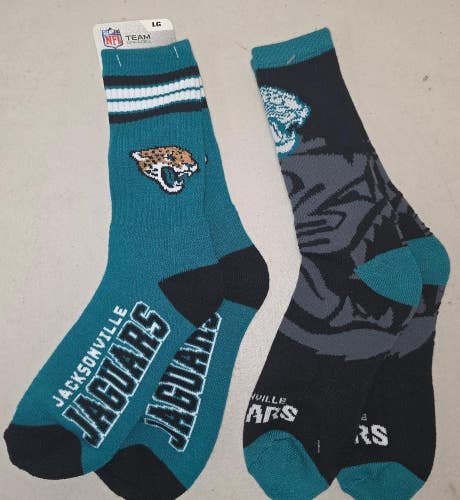 60619-25 Mens NFL JACKSONVILLE JAGUARS Crew Socks Lot of 2 Pair LARGE New