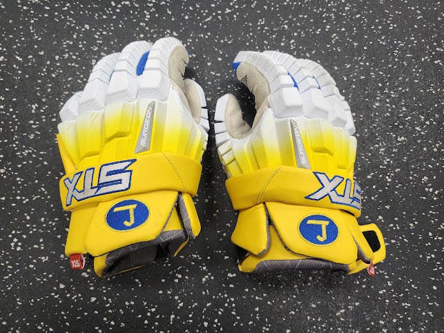 Used STX SURGEON RZR Lacrosse Gloves Mens White And Yellow 13" 11849-S000040889