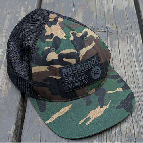Rossignol Ski Co. Camo Trucker Hat Cap Mesh Back Rubber Patch Wool Blend
