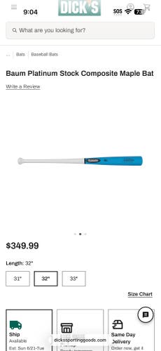Baum Platinum Stock Wood Composite Bat (-3) 29 oz 32" (New)