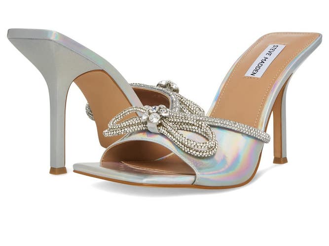 Steve Madden Embellish Sandals Womens 6 M Sliver Bow Detail Stiletto Heel HAM668