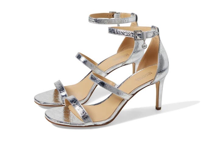 Michael Kors Koda Sandals Womens US 8M Silver Ankle Strap Stiletto Heel HTAT1290
