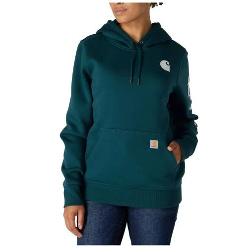 Carhartt Iconic Clarksburg Hoodie Women's XS Greenstone Logo Relaxed Fit JAX1658