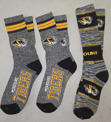 60619-22 Mens NCAA MISSOURI TIGERS Crew Socks Lot of 3 Pair LARGE New
