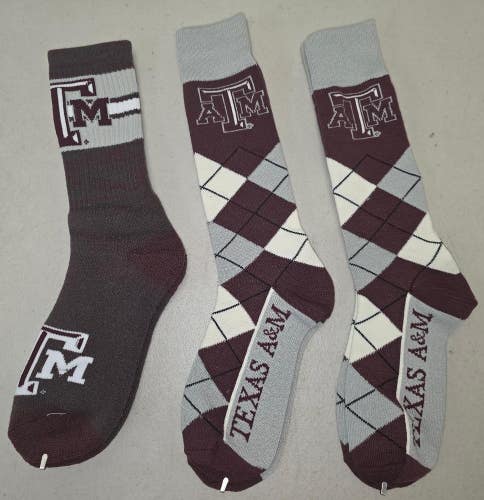 60619-22 Mens NCAA TEXAS A&M AGGIES Crew Socks Lot of 3 Pair LARGE New