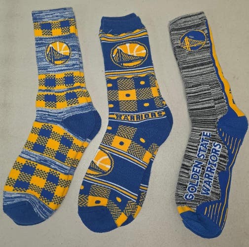 60619-45 Mens NBA GOLDEN STATE WARRIORS Crew Socks Lot of 3 Pair LARGE New