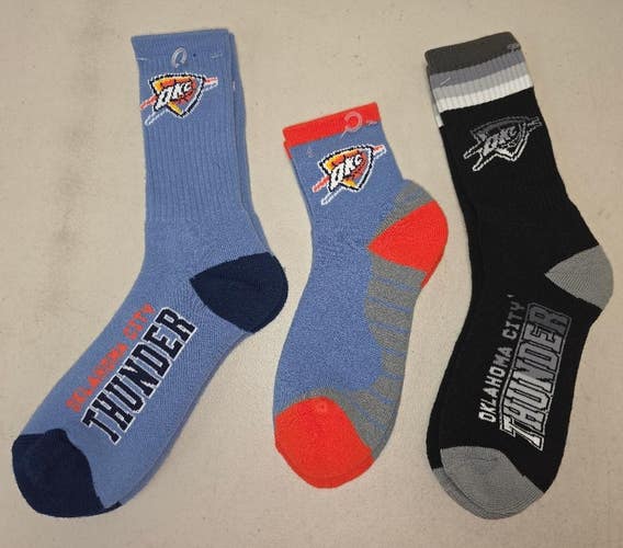 60622-5 Mens NBA OKC OKLAHOMA CITY THUNDER Crew Socks Lot of 3 Pair LARGE New