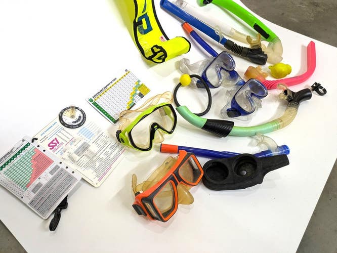 As-Is Scuba Diving Lot Package SMB, Masks, Snorkels, Tables, Tank Banger
