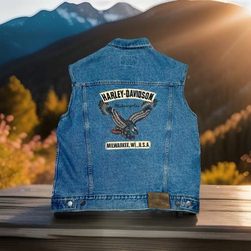 Harley Davidson Medium Blue Denim Button-Up MILWAUKEE Eagle Jean Vest/Jacket
