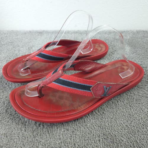 Louis Vuitton Mens Size 9 Flip Flop Thong Sandals LV Logo Slip-On Red Leather