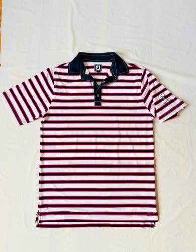 FootJoy Golf Polo Shirt Athletic Fit Mens M Pink Navy Striped TPC Jasna Polana