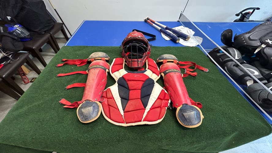 Boombah DEFCON Catcher's Gear Set | Red/White/Navy | Youth Intermediate | Helmet + Chest Protector +