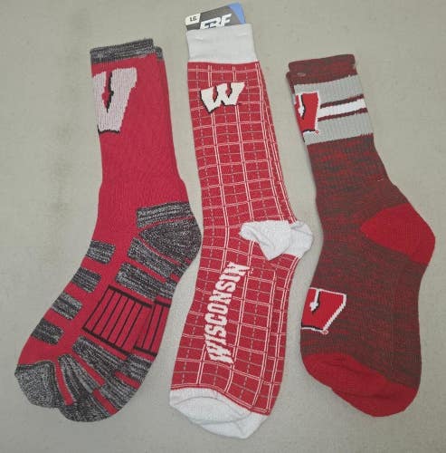 ST2 Mens NCAA WISCONSIN BADGERS Crew Socks Lot of 3 Pair LARGE New