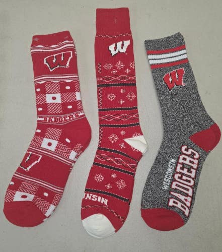 ST1 Mens NCAA WISCONSIN BADGERS Crew Socks Lot of 3 Pair LARGE New