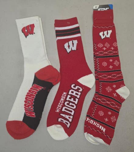 ST8 Mens NCAA WISCONSIN BADGERS Crew Socks Lot of 3 Pair LARGE New