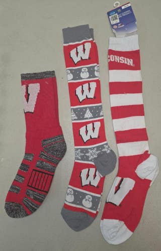 ST9 Mens NCAA WISCONSIN BADGERS Crew Socks Lot of 3 Pair MEDIUM New