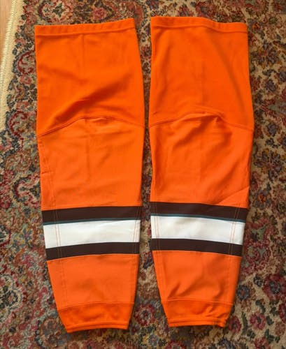 San Jose Barracuda (AHL Sharks) CCM Orange Game Socks Large Made in Canada *Read Full Description*