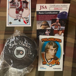 JSA Certified Bobby Clarke Autographed puck and two cards