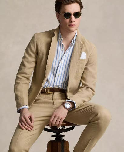 Polo Ralph Lauren Suit Jacket Men's 46R Coastal Beige Linen Notch Lapel UPS1263