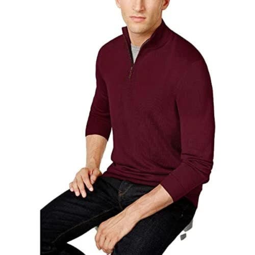 Club Room Sweater Men's L Burgundy Knit Wool Blend Quarter-Zip Pullover UPS920